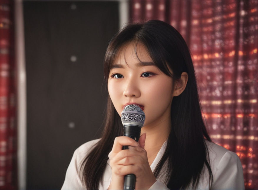 A Korean girl holding the microphone while singing in a Karaoke room.