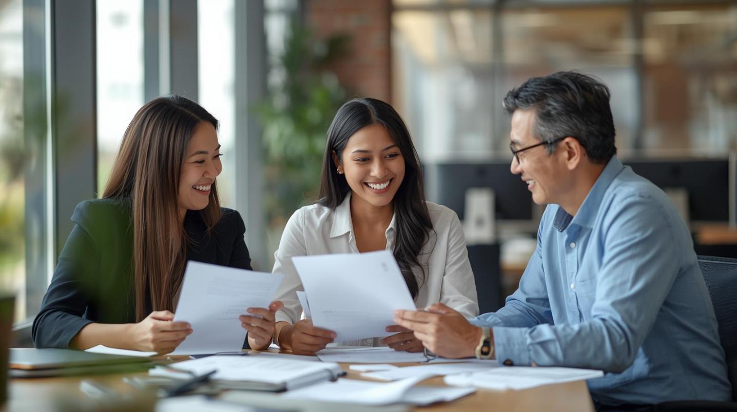 Three smiling people discuss immigration documents inside a bright Texas university office.