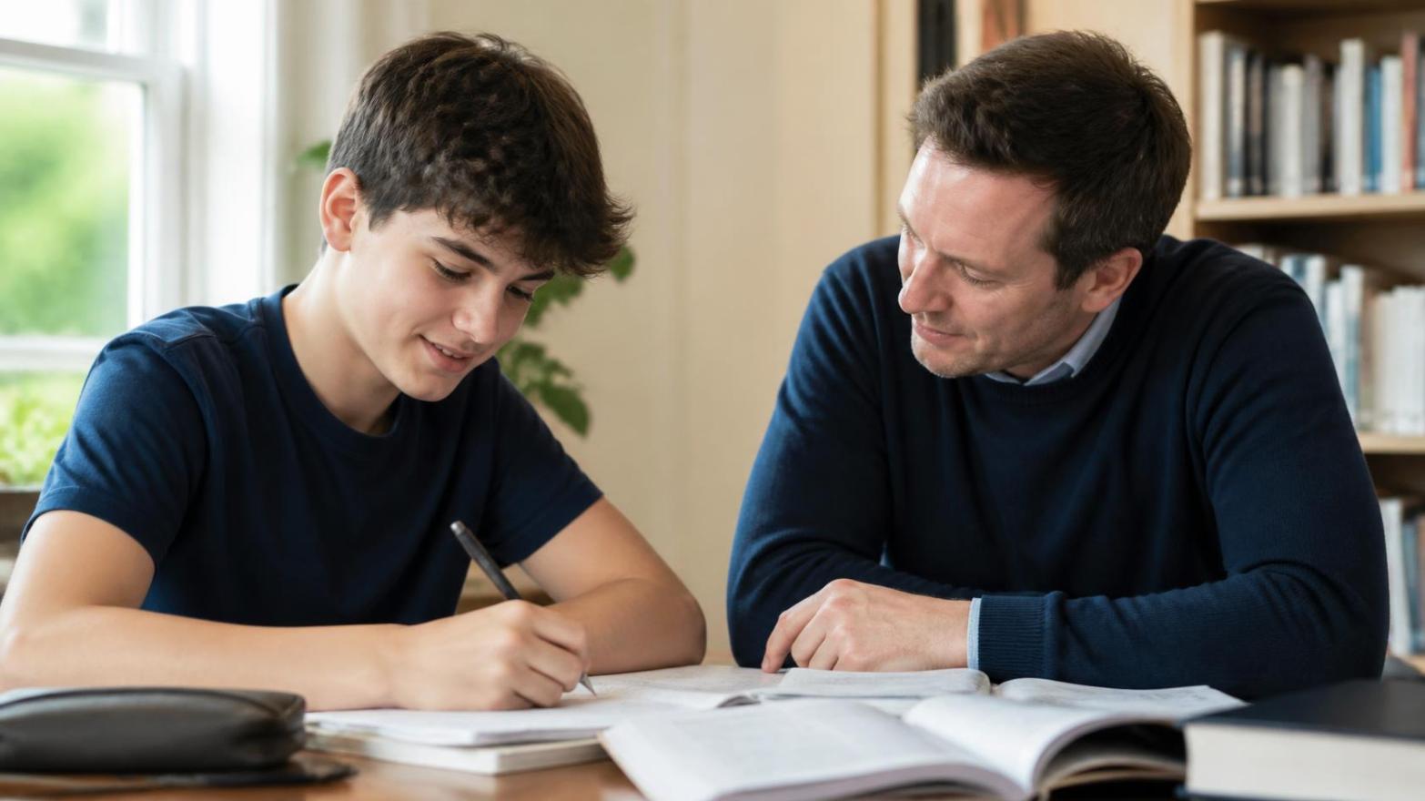 Student receives personalised tutoring support while confidently working through challenging academic exercises.